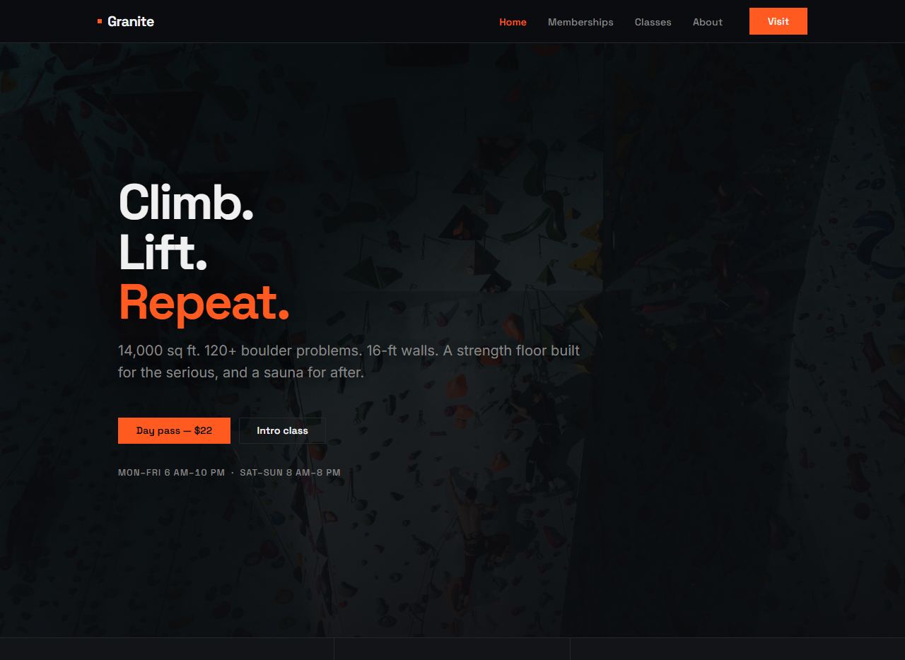 Granite bouldering and strength gym homepage