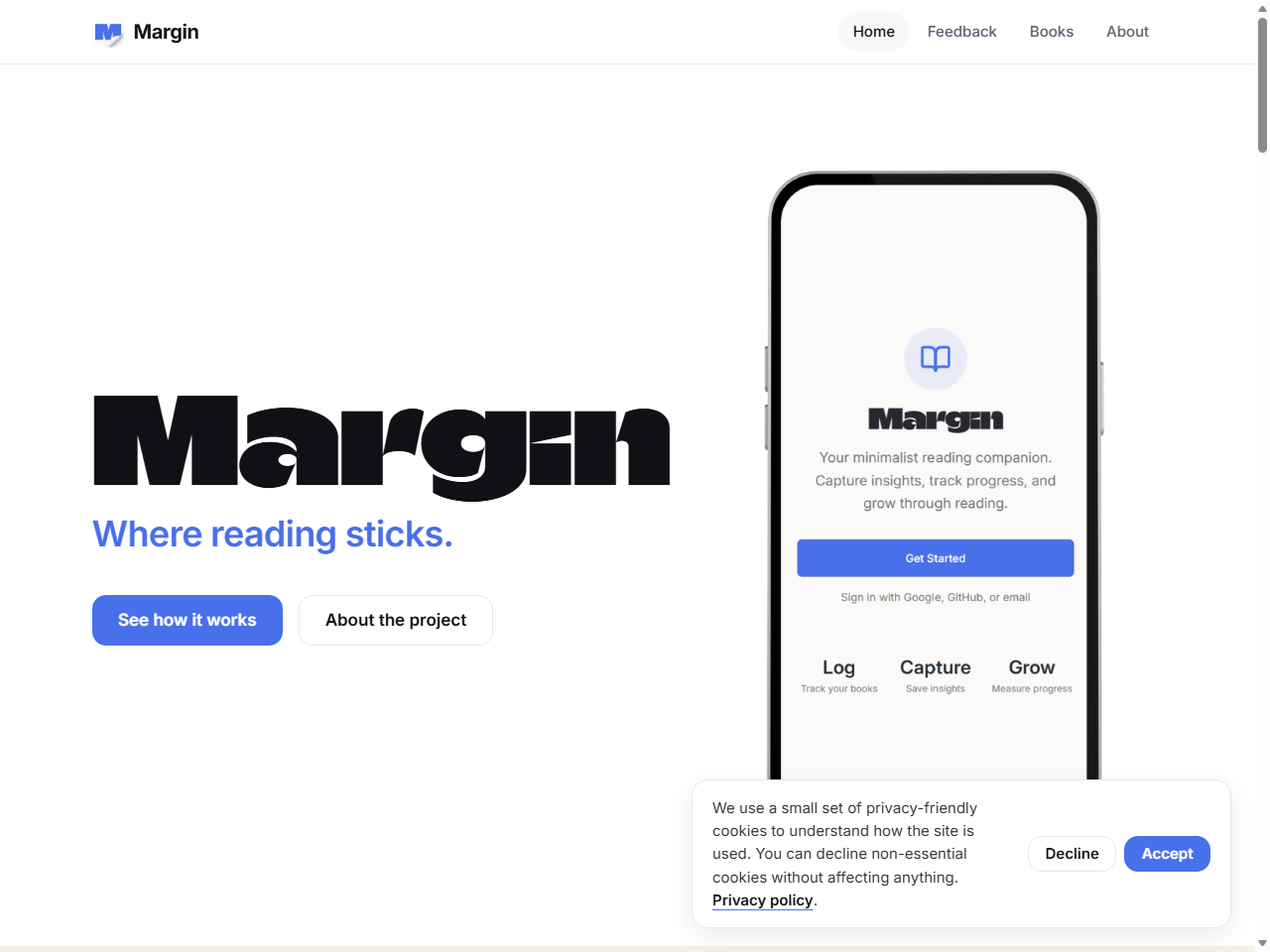 Margin reading companion app homepage
